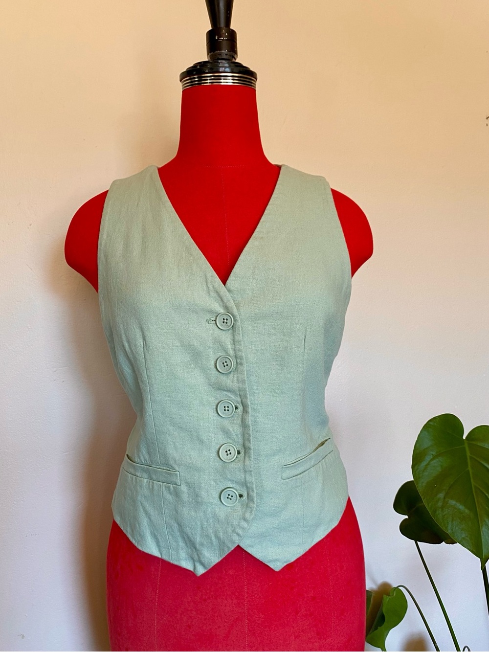 Light Green Linen Button-Front Women's Vest